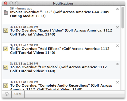 Notifications — overdue tasks and invoices, flagged