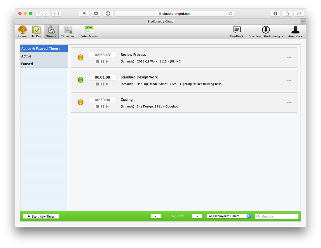 Studiometry Cloud in a web browser, showing running timers