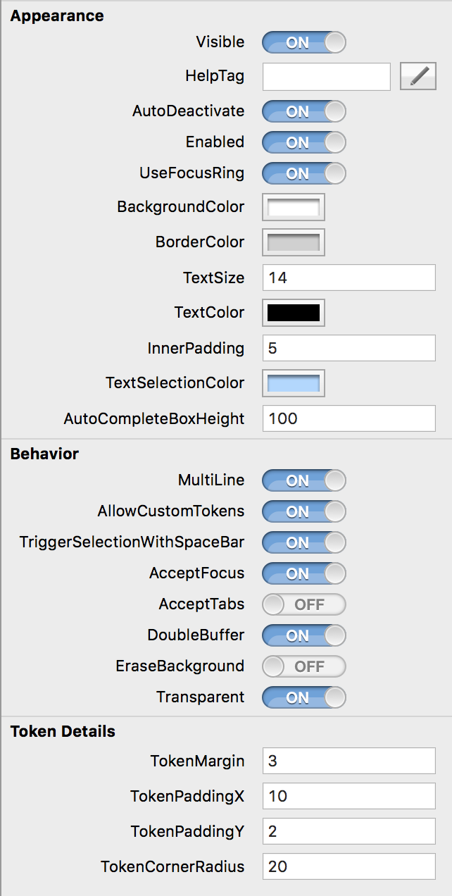 TokenField display settings